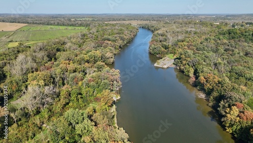 Peaceful Seneca River flows through green landscape at Montezuma Wildlife Refuge in up state New York