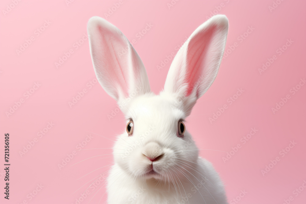 A white rabbit on a pastel pink background. Easter cute bunny. Seasonal spring and easter greeting card and background.