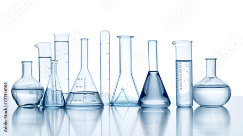 Glass laboratory flasks with liquid for experiments on a white isolated background photo