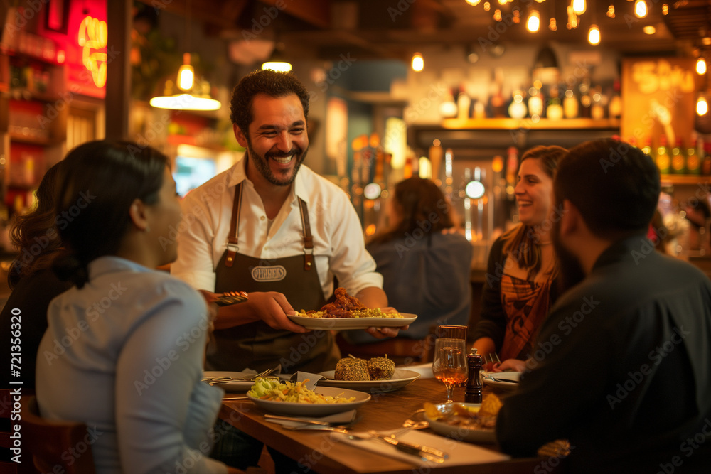A group of customers is enjoying a lively moment in a cozy, warmly lit bar as a server with a friendly demeanor delivers delicious food to their table A group of customers is enjoying a lively moment in a cozy, warmly lit bar as a server with a friendly demeanor delivers delicious food to their table