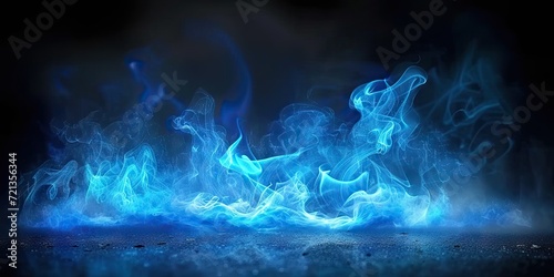 Smoke swirls in abstract artistry light and shadow dance in blue fire and black background. Elegant curves and flowing forms mystical display of air and energy. Fog and graceful lines in motion
