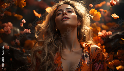 Young woman with long blond hair enjoying the autumn forest generated by AI