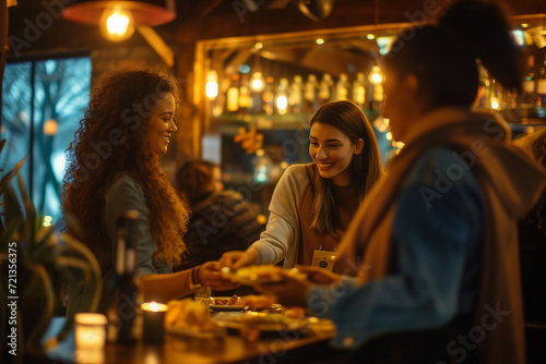 A group of customers is enjoying a lively moment in a cozy, warmly lit bar as a server with a friendly demeanor delivers delicious food to their table