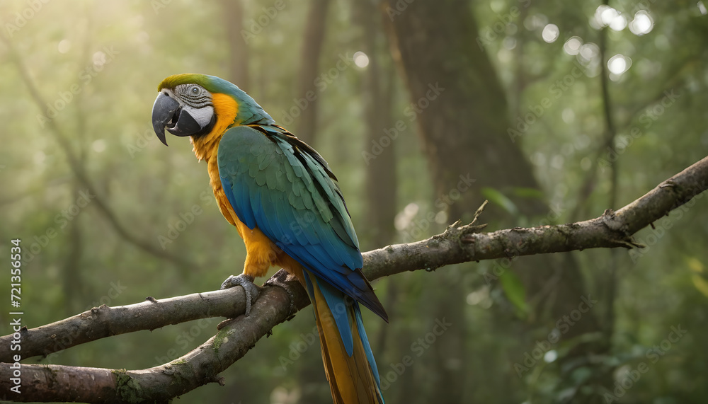 Majestic Blue and Yellow Macaw Perched in a Lush Rainforest Bathed in Sunlight