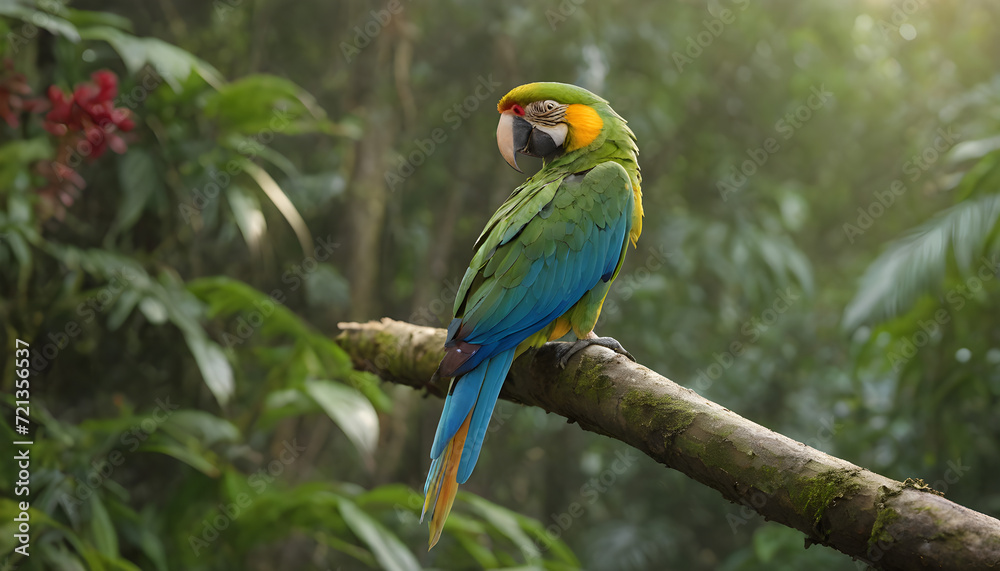 Majestic Blue and Yellow Macaw Perched in a Lush Rainforest Bathed in Sunlight