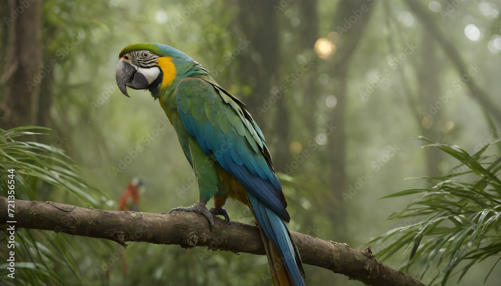 Obraz premium Majestic Blue and Yellow Macaw Perched in a Lush Rainforest Bathed in Sunlight