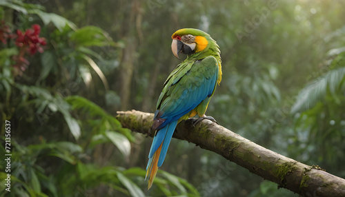 Majestic Blue and Yellow Macaw Perched in a Lush Rainforest Bathed in Sunlight