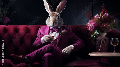 Rabbit as an aristocrat. elegant easter bunny in a suit holding cocktail, in an elegant room with opulent architecture. Concept: easter holidays, funny and original concept. photo