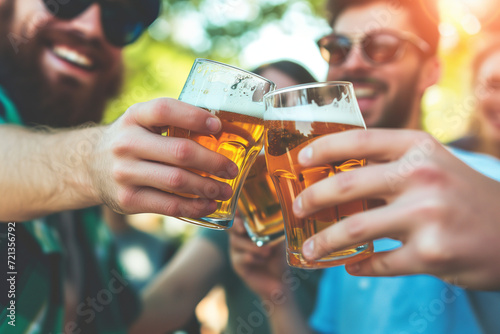 groups of friends are toasting with glasses of wine and beer, celebrating together in cheerful social gatherings