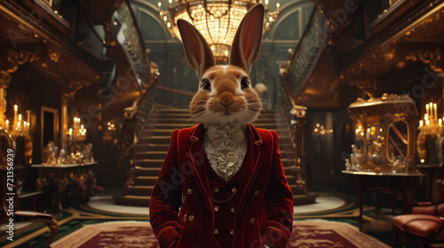 Rabbit as an aristocrat. elegant easter bunny in a velvet suit, in an elegant room with opulent architecture. Concept: easter holidays, funny and original concept.