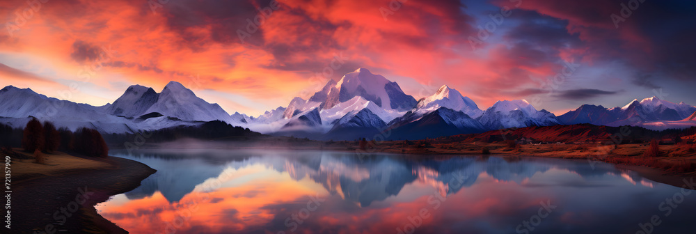 Epic Grandeur of Sunset over Majestic Mountain Range: A Symphony of Light and Shadows