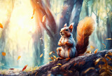Illustration eines hübschen Eichhörnchens im wirbelnden Herbst Wind mit Blättern stehend lauernd Blick als natürlicher Hintergrund mit leicht unscharfen Elementen als Banner Gestaltung Design Vorlage