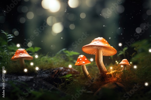 A cluster of mushrooms rests peacefully in the lush green grass., Mushrooms in the forest with a bokeh background, 3D rendering, AI Generated