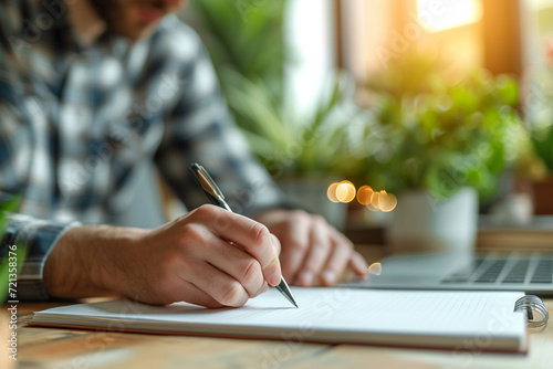 Casual man hand with a pen writing on paper notebook on table at home.Generative AI.