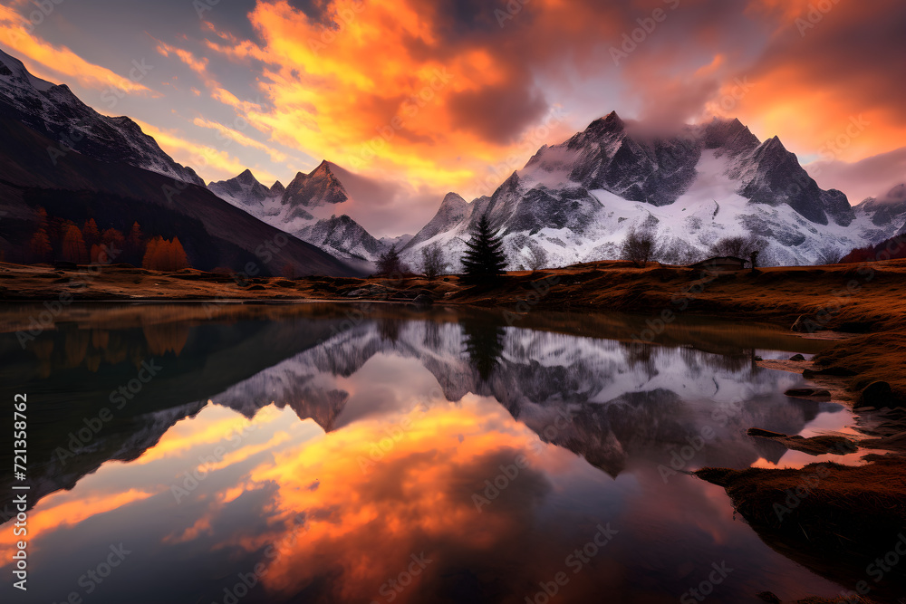 Epic Grandeur of Sunset over Majestic Mountain Range: A Symphony of Light and Shadows