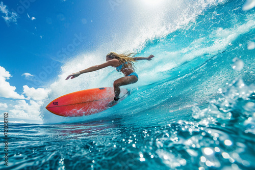 Woman Catching Waves Surfing in Sunny Weather