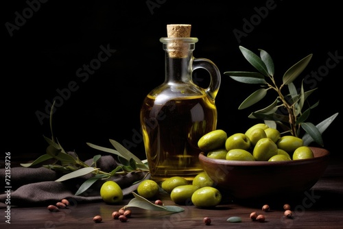 A bottle of olive oil placed next to a bowl of fresh olives, ready for use in cooking or as a healthy snack., Olive oil bottle and olives and leaves on dark background, AI Generated