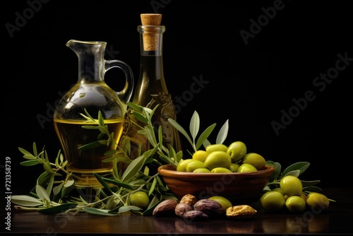 A bowl of olives placed next to a bottle of aromatic olive oil, ready to be enjoyed., Olive oil bottle and olives and leaves on dark background, AI Generated