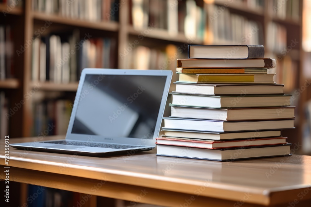 A laptop computer placed on a sturdy wooden desk, providing a productive workspace for work or personal use., Organized pile of books on a desk with a laptop, E-learning concept, AI Generated A laptop computer placed on a sturdy wooden desk, providing a productive workspace for work or personal use., Organized pile of books on a desk with a laptop, E-learning concept, AI Generated
