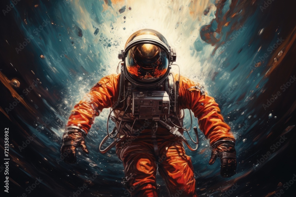 Obraz premium A man in a space suit explores a tunnel during a mission., Сosmonaut in modern spacesuit, life of an astronaft, AI Generated
