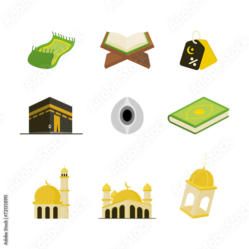 Islam Ramadhan flat color icons vector set. Isolated on a white background. Ramadhan icon with flat style. kabah, Quran, lantern, mosque, Black stone, praying mat, and Ramadhan discount tag