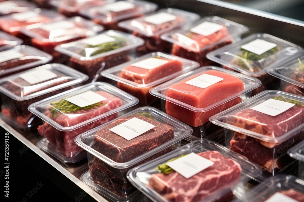 A variety of food trays neatly arranged on a table, ready to be served and enjoyed., packaged lab-grown meat samples, poised for sale, AI Generated