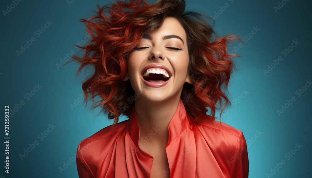 Beautiful woman with long curly brown hair smiling at camera generated by AI