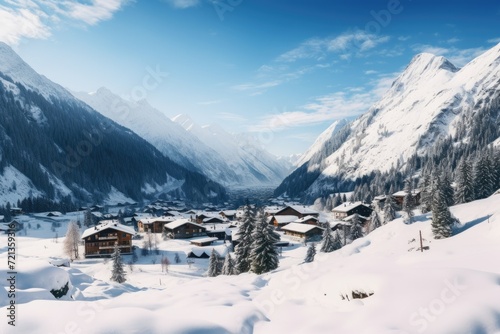 A picturesque winter scene of a village nestled in the mountains, covered in snow and surrounded by trees., Panoramic view of village in winter, mountain landscape on Christmas, AI Generated
