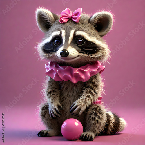 There's this adorable fluffy baby raccoon that caught my eye recently. It's an incredibly cute little creature, dressed in a vibrant pink outfit with a pop art design. What makes it even more unique i photo