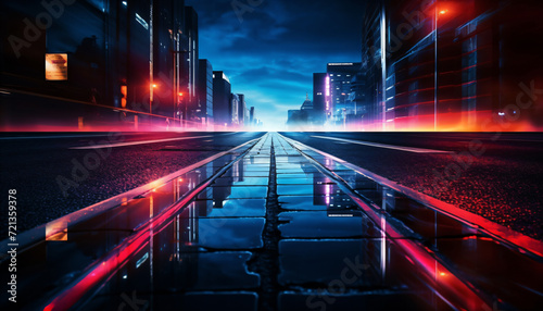 Dark street  reflection of neon light on wet asphalt. Rays of light and red laser light in the dark. Night view of the street  abtract colorful futuristic night city background. 