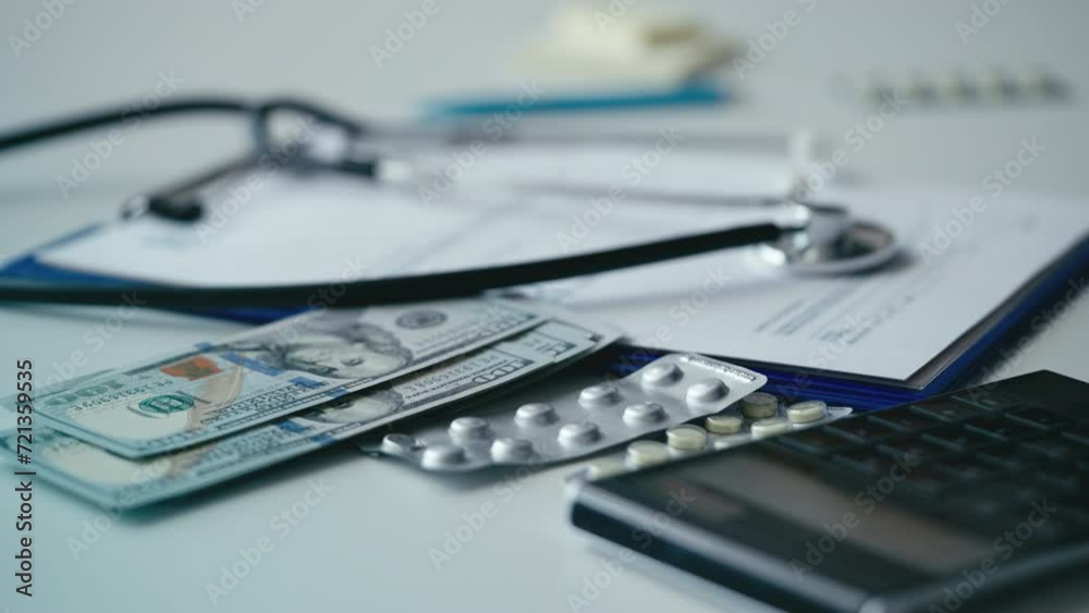 Detail shot of medical forms, money and stethoscope, U.S. healthcare system