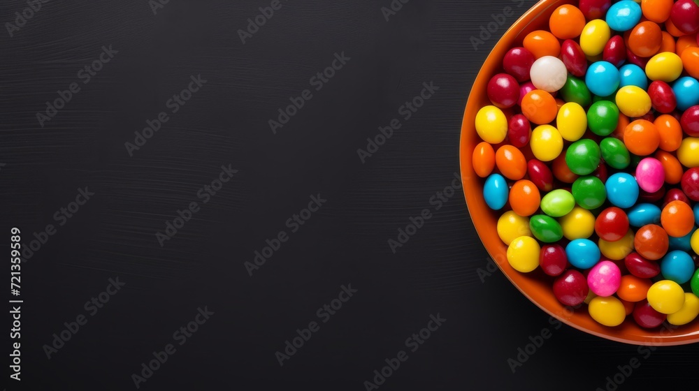 Skittles candy in orange plate on dark background texture wallpaper. Free space for text. Candy like skittles. SmartSweets Sour Blast Buddies. Horizontal banner format