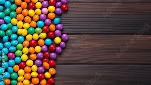 Fotografie, Tablou Candy like skittles on wood table background texture wallpaper top view