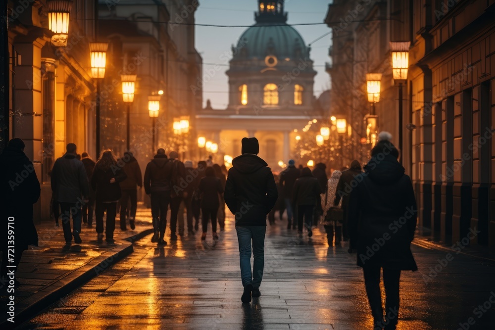 A group of individuals confidently walk down a dimly lit street, shrouded in darkness, captivated by the urban night scene., people walking on the streets of europe in the evening, AI Generated