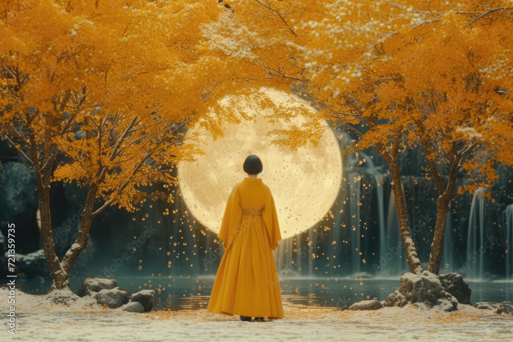 Woman in yellow dress walking in the forest with full moon background. Woman in yellow dress walking in the forest with full moon background.