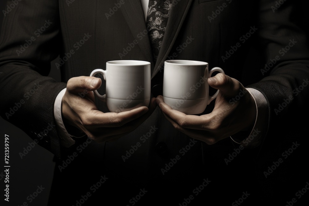 A professional man in a suit holding two cups in his hands., People's hands holding mugs of coffee, AI Generated A professional man in a suit holding two cups in his hands., People's hands holding mugs of coffee, AI Generated