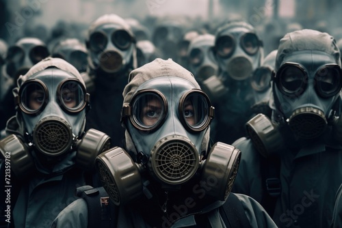 A group of individuals wearing gas masks to safeguard themselves from hazardous materials and pollutants., people with gas masks and protective gear, AI Generated