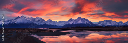 Epic Grandeur of Sunset over Majestic Mountain Range: A Symphony of Light and Shadows