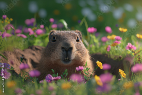 smiling groundhog pops out of hole in flower meadow on groundhog day photo