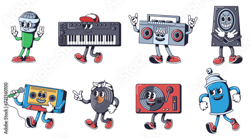 Hip hop music mascots. Beat-boxing microphone, synth keyboard, cassette rap mix tape and groovy vinyl record player vector characters set