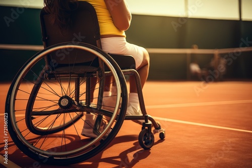 A woman in a wheelchair participating in a tennis match on a court.  Photo of a woman in a wheelchair holding a tennis racket  AI Generated