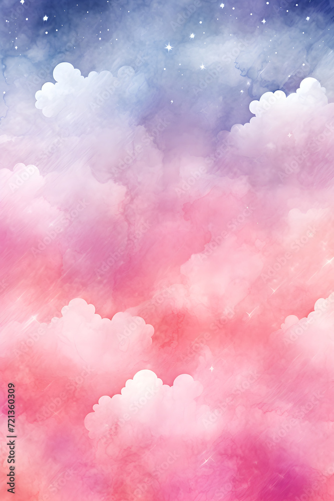 Watercolor sunset or sunrise sky. Magic night sky with pink, blue and purple clouds and stars. Beautiful nature background. Design for poster, sticker, paper, print, banner