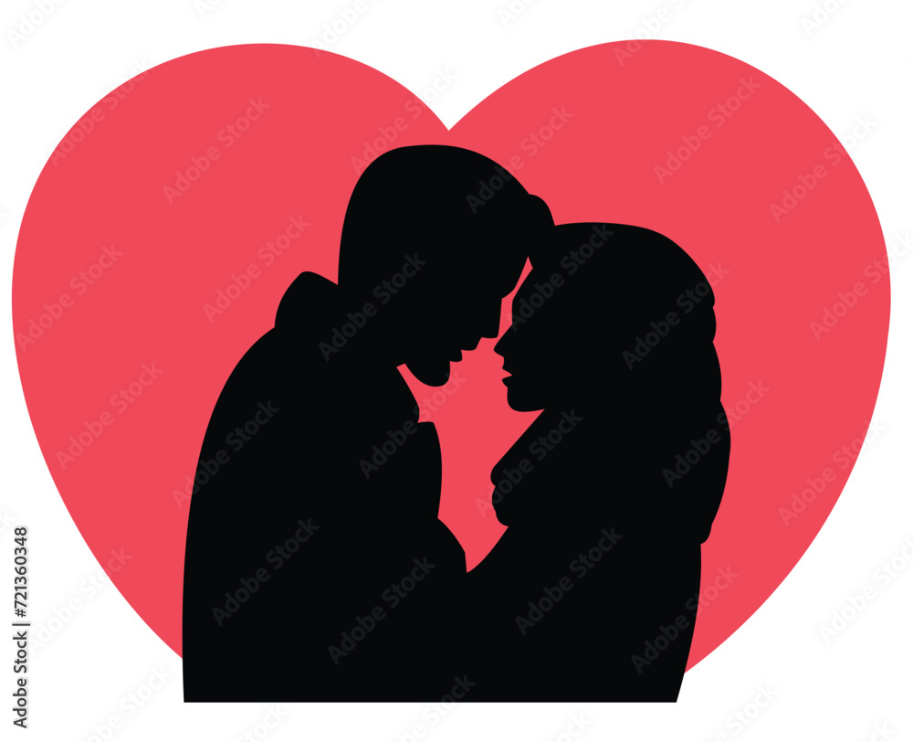 silhouette romantic scene of couple of young man and woman hugging together