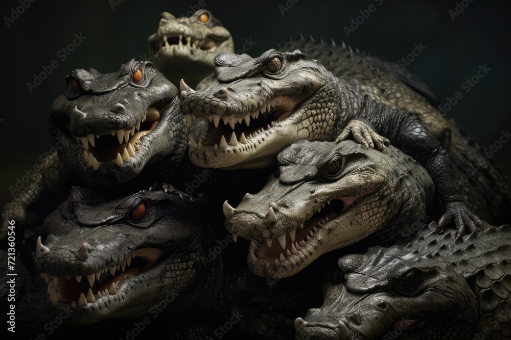 A group of alligators gathered together with their mouths wide open., Pile of crocodiles, AI Generated A group of alligators gathered together with their mouths wide open., Pile of crocodiles, AI Generated
