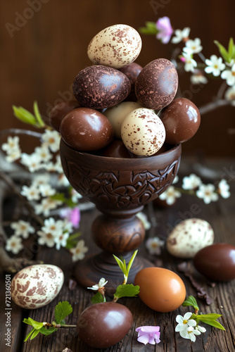 Wooden pedestal bowl overflows with speckled chocolate Easter eggs, spring blossoms on a dark wood background traditional Easter mood, seasonal culinary themes and holiday marketing
