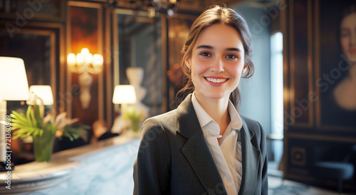 Confident hostess greeting guests, Warm welcome at an upscale hotel lobby photo