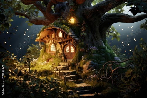 Tree House in Forest, Serene Dwelling Nestled Amidst, Pixar 3D image of a miniature elf dwelling and garden in an old hollowed-out tree, with dramatic fantasy lighting and marginalia, AI Generated © Iftikhar alam