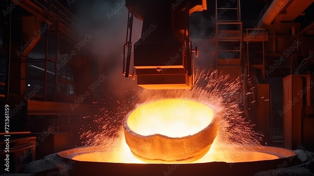 Steel making workshop, Melted molten metal is poured with sparks. Smelting of cast iron parts. Steel Mill Factory Steel making workshop, Melted molten metal is poured with sparks. Smelting of cast iron parts. Steel Mill Factory