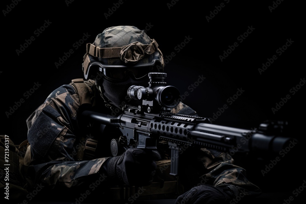 Soldier Holding Rifle During Combat Operation, Portrait of a soldier or private military sitting with a sniper rifle on a black background, anonymous face, AI Generated