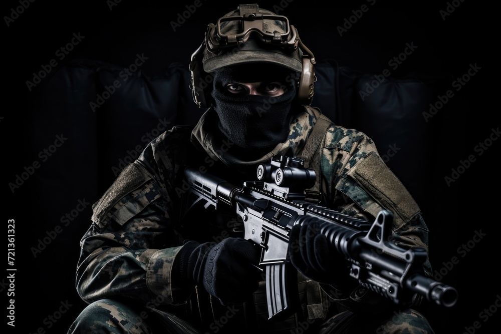 Man in Camouflage Holding Rifle, A Concealed Soldier Aiming Weapon, Portrait of a soldier or private military sitting with a sniper rifle on a black background, anonymous face, AI Generated Man in Camouflage Holding Rifle, A Concealed Soldier Aiming Weapon, Portrait of a soldier or private military sitting with a sniper rifle on a black background, anonymous face, AI Generated
